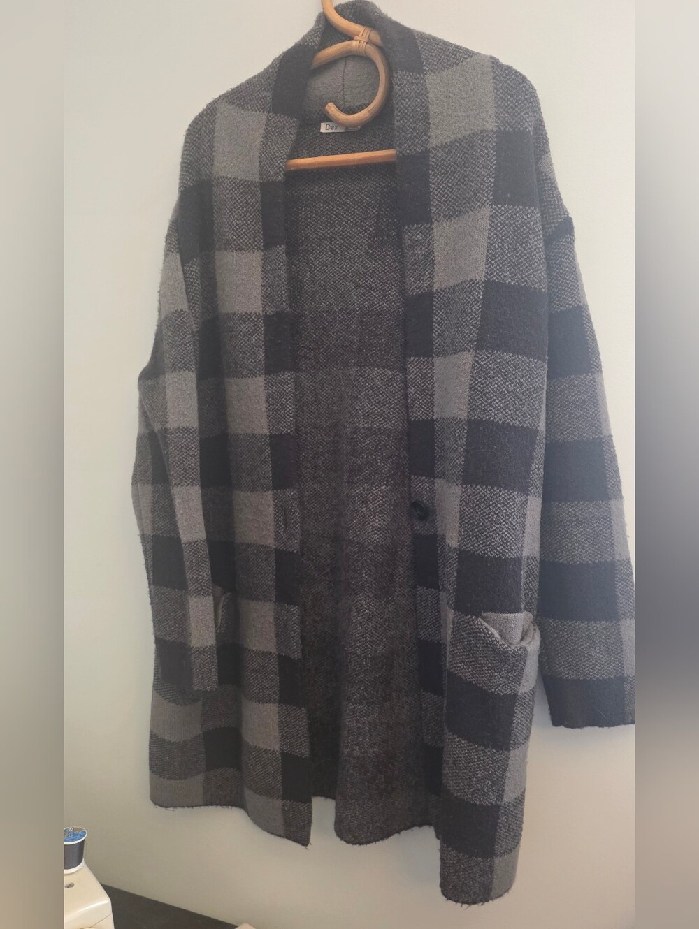 DEX Plaid Single Button Long Cardigan Sweater - Charcoal Gray and Black - Picture 2 of 6